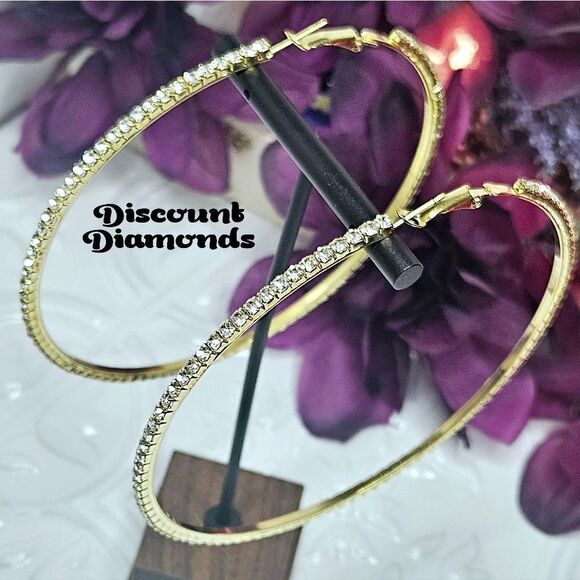 White Baguette Diamond 14K Gold Hoop Earrings 925 Silver - Picture 13 of 14